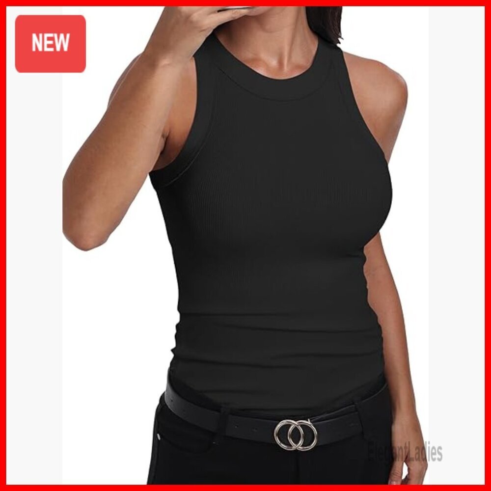 Sleeveless Racerback High Neck Cotton Ribbed Fitted Tank Top
